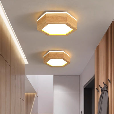 Modern Minimalist Hexagonal Solid Wood Metal LED Flush Mount Ceiling Light For Bedroom