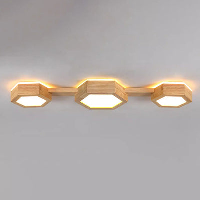 Modern Minimalist Hexagonal Solid Wood Metal LED Flush Mount Ceiling Light For Bedroom