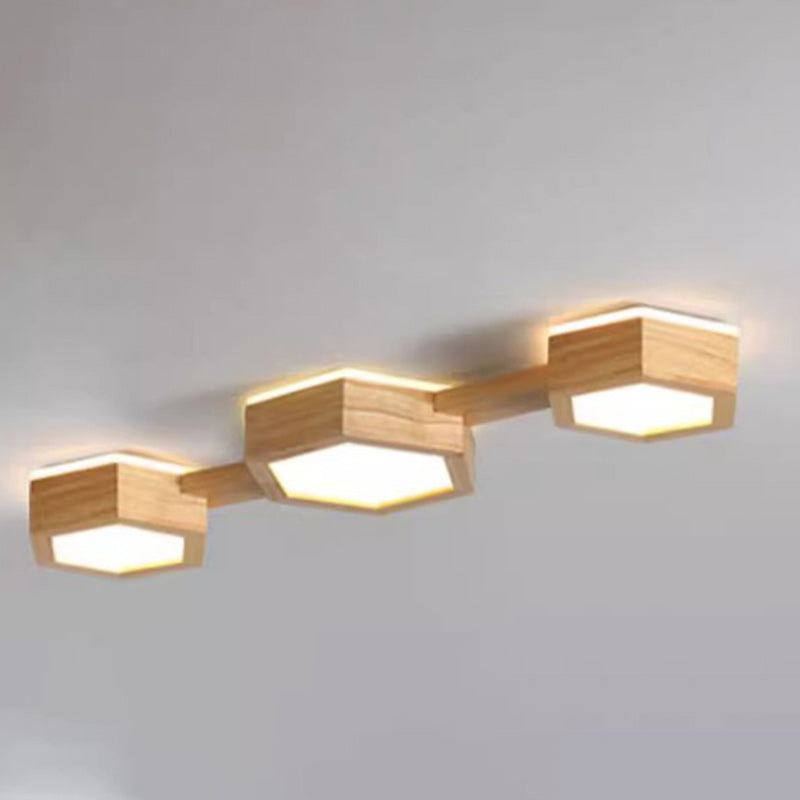 Modern Minimalist Hexagonal Solid Wood Metal LED Flush Mount Ceiling Light For Bedroom