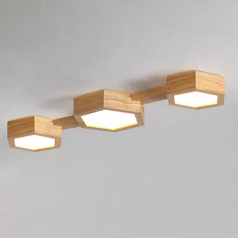 Modern Minimalist Hexagonal Solid Wood Metal LED Flush Mount Ceiling Light For Bedroom