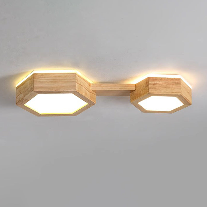 Modern Minimalist Hexagonal Solid Wood Metal LED Flush Mount Ceiling Light For Bedroom