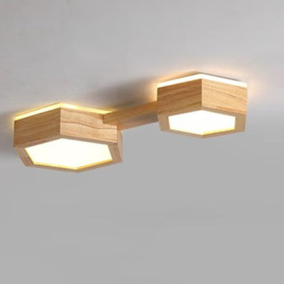 Modern Minimalist Hexagonal Solid Wood Metal LED Flush Mount Ceiling Light For Bedroom