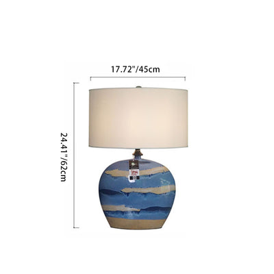 Traditional Chinese Cylinder Ceramic Metal Fabric 1-Light Table Lamp For Bedroom