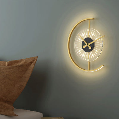 Modern Art Deco Clock Round Iron Acrylic LED Wall Sconce Lamp For Bedroom