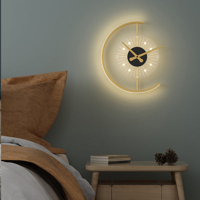 Modern Art Deco Clock Round Iron Acrylic LED Wall Sconce Lamp For Bedroom