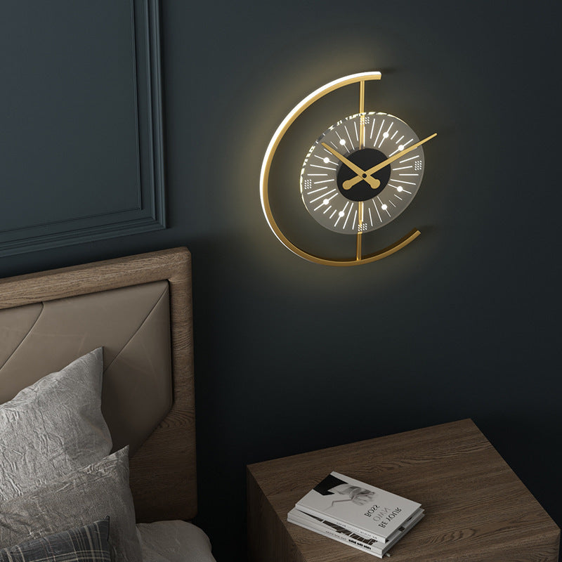 Modern Art Deco Clock Round Iron Acrylic LED Wall Sconce Lamp For Bedroom