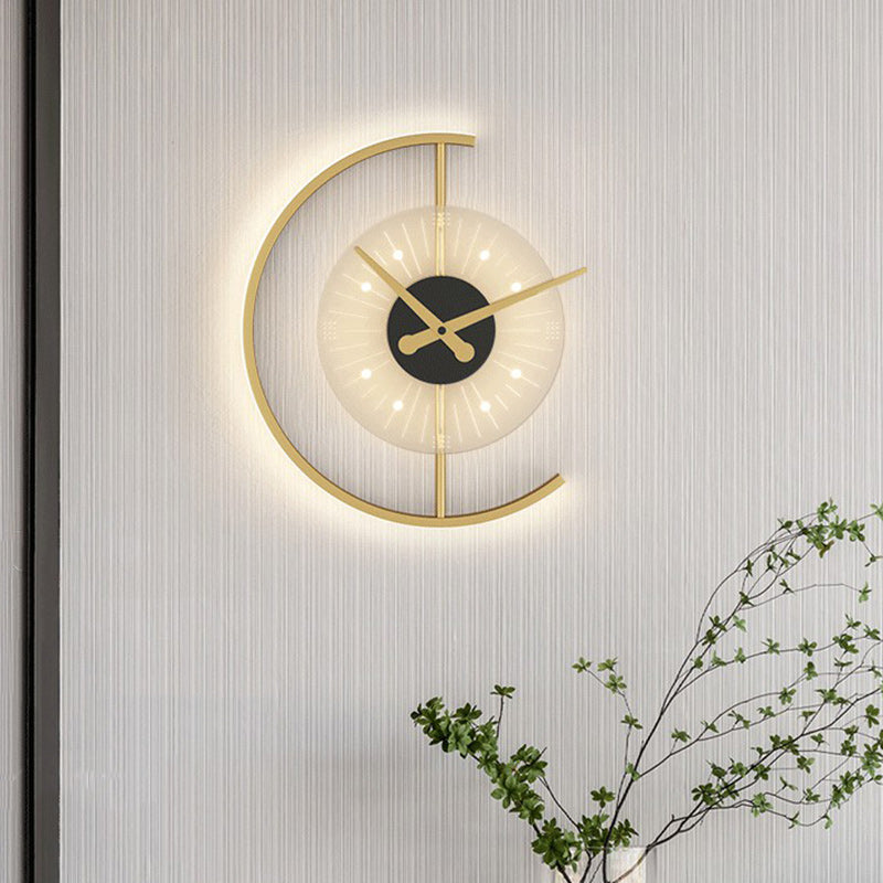 Modern Art Deco Clock Round Iron Acrylic LED Wall Sconce Lamp For Bedroom