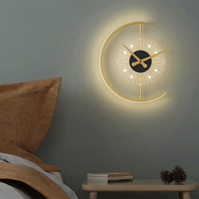 Modern Art Deco Clock Round Iron Acrylic LED Wall Sconce Lamp For Bedroom