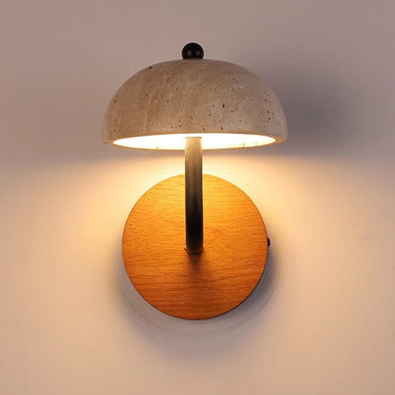 Traditional Japanese Mushroom Yellow Travertine Walnut LED Wall Sconce Lamp For Bedroom