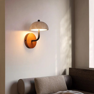 Traditional Japanese Mushroom Yellow Travertine Walnut LED Wall Sconce Lamp For Bedroom