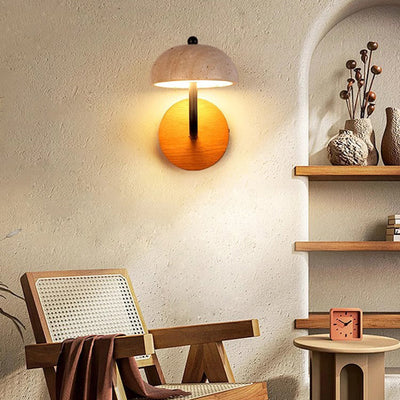 Traditional Japanese Mushroom Yellow Travertine Walnut LED Wall Sconce Lamp For Bedroom