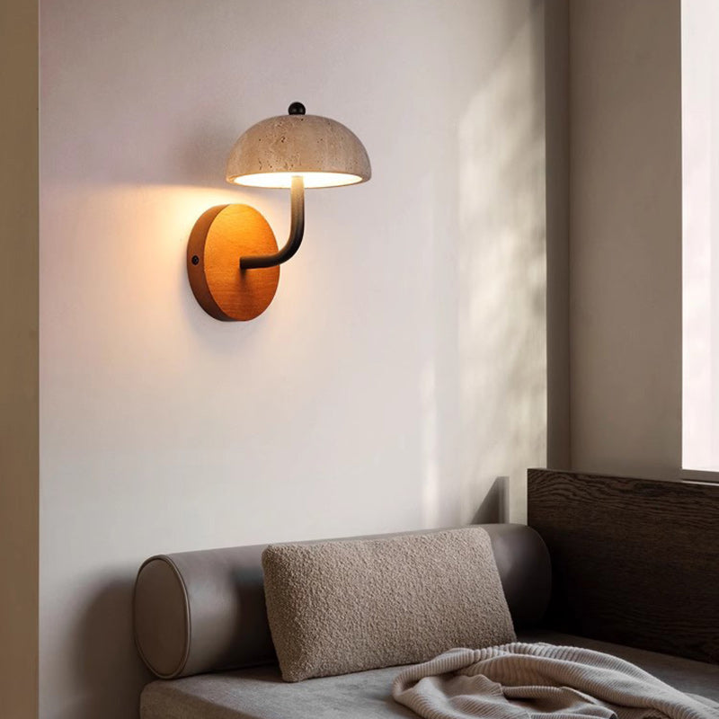 Traditional Japanese Mushroom Yellow Travertine Walnut LED Wall Sconce Lamp For Bedroom