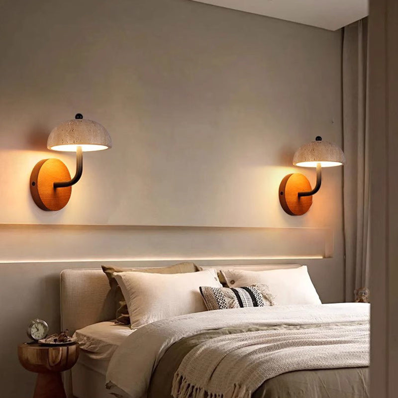 Traditional Japanese Mushroom Yellow Travertine Walnut LED Wall Sconce Lamp For Bedroom