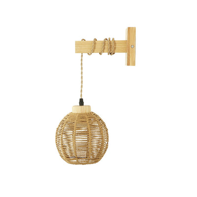 Traditional Japanese Lantern Sphere Solid Wood Rattan 1-Light Wall Sconce Lamp For Bedroom