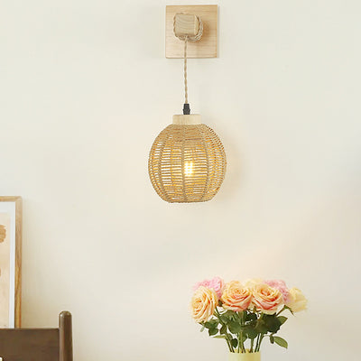 Traditional Japanese Lantern Sphere Solid Wood Rattan 1-Light Wall Sconce Lamp For Bedroom