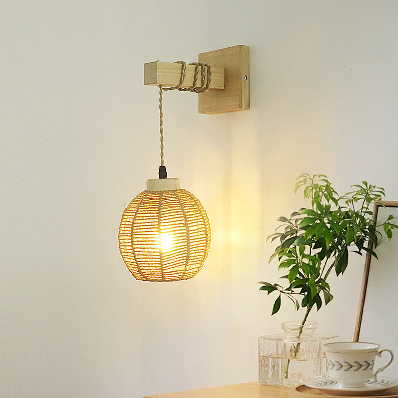 Traditional Japanese Lantern Sphere Solid Wood Rattan 1-Light Wall Sconce Lamp For Bedroom