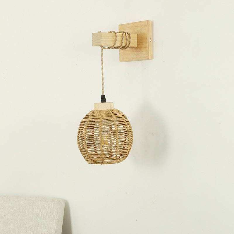 Traditional Japanese Lantern Sphere Solid Wood Rattan 1-Light Wall Sconce Lamp For Bedroom