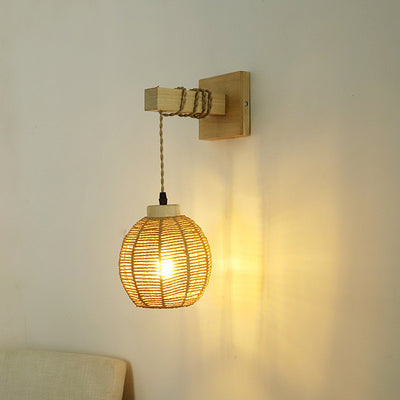 Traditional Japanese Lantern Sphere Solid Wood Rattan 1-Light Wall Sconce Lamp For Bedroom