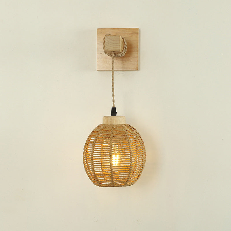 Traditional Japanese Lantern Sphere Solid Wood Rattan 1-Light Wall Sconce Lamp For Bedroom