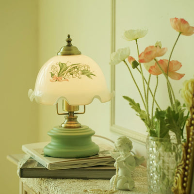 Traditional French Flower Glass Iron Solid Wood LED Table Lamp For Bedroom