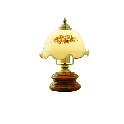 Traditional French Flower Glass Iron Solid Wood LED Table Lamp For Bedroom