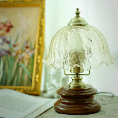 Traditional French Flower Glass Iron Solid Wood LED Table Lamp For Bedroom