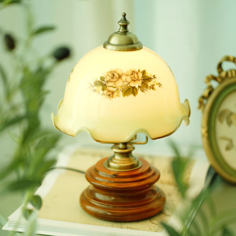 Traditional French Flower Glass Iron Solid Wood LED Table Lamp For Bedroom