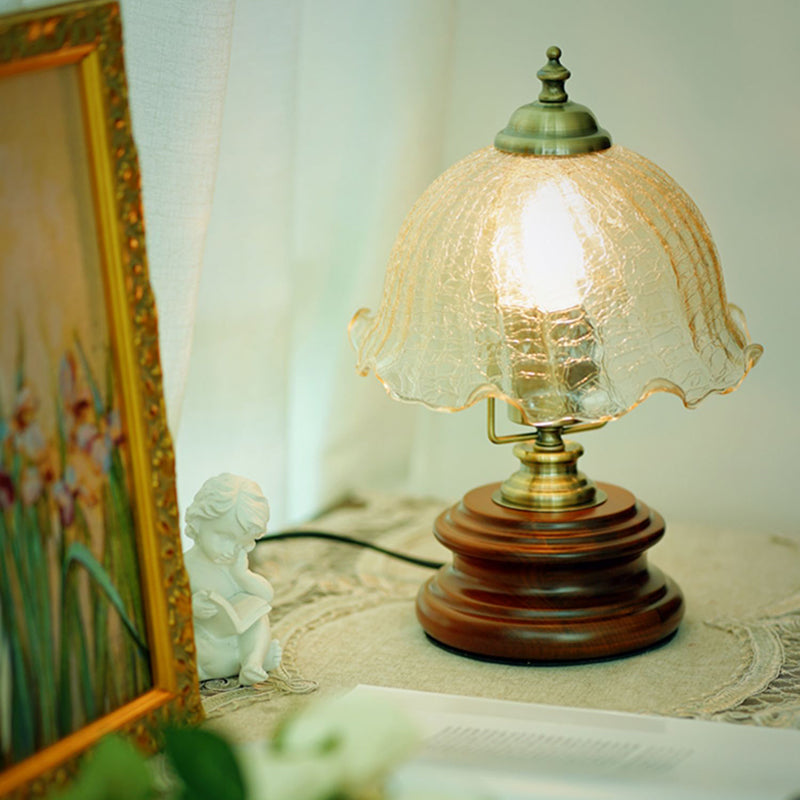 Traditional French Flower Glass Iron Solid Wood LED Table Lamp For Bedroom