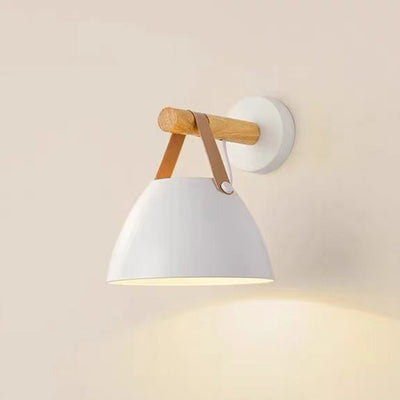 Modern Minimalist Dome Iron Rubberwood 1-Light Wall Sconce Lamp For Bedroom