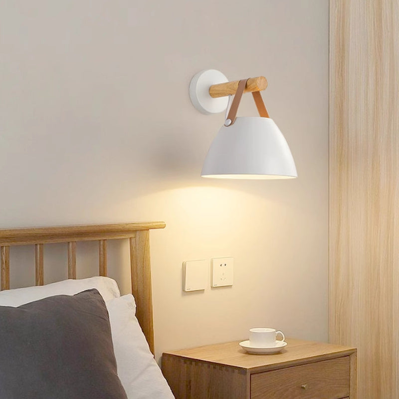 Modern Minimalist Dome Iron Rubberwood 1-Light Wall Sconce Lamp For Bedroom