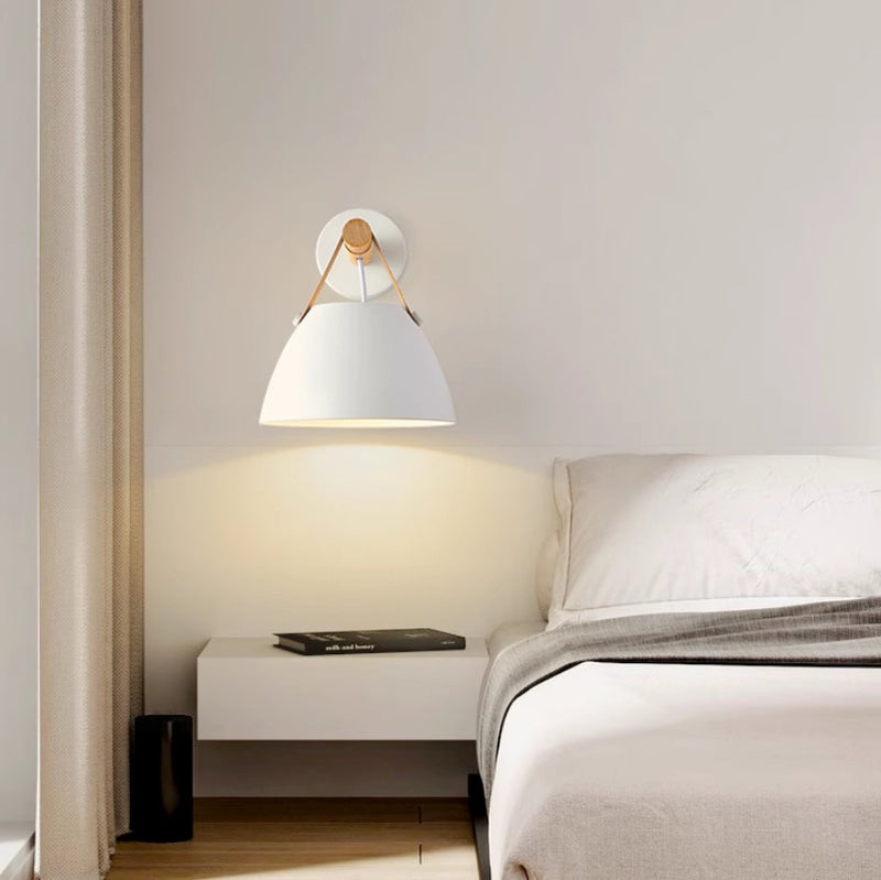 Modern Minimalist Dome Iron Rubberwood 1-Light Wall Sconce Lamp For Bedroom