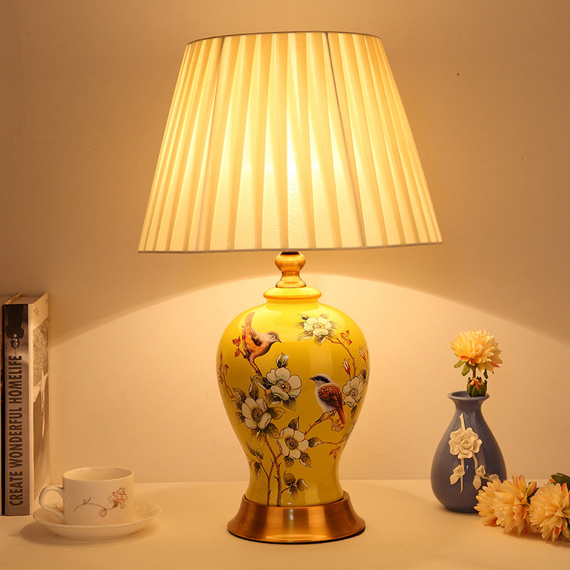 Traditional Chinese Frustum Cone Ceramic Fabric 1-Light Table Lamp For Bedroom