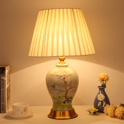 Traditional Chinese Frustum Cone Ceramic Fabric 1-Light Table Lamp For Bedroom