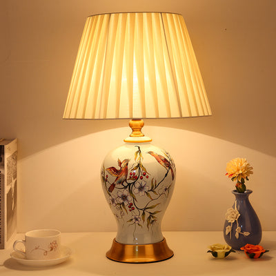 Traditional Chinese Frustum Cone Ceramic Fabric 1-Light Table Lamp For Bedroom