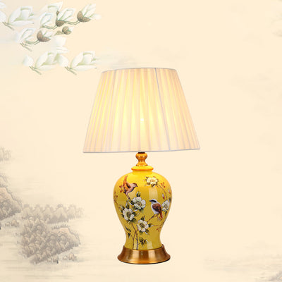 Traditional Chinese Frustum Cone Ceramic Fabric 1-Light Table Lamp For Bedroom