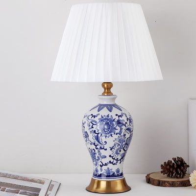 Traditional Chinese Frustum Cone Ceramic Fabric 1-Light Table Lamp For Bedroom