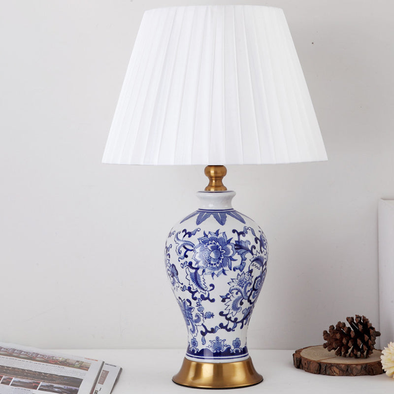 Traditional Chinese Frustum Cone Ceramic Fabric 1-Light Table Lamp For Bedroom