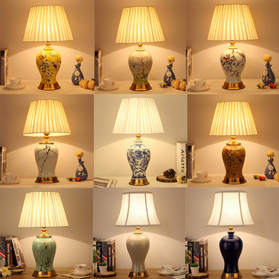 Traditional Chinese Frustum Cone Ceramic Fabric 1-Light Table Lamp For Bedroom