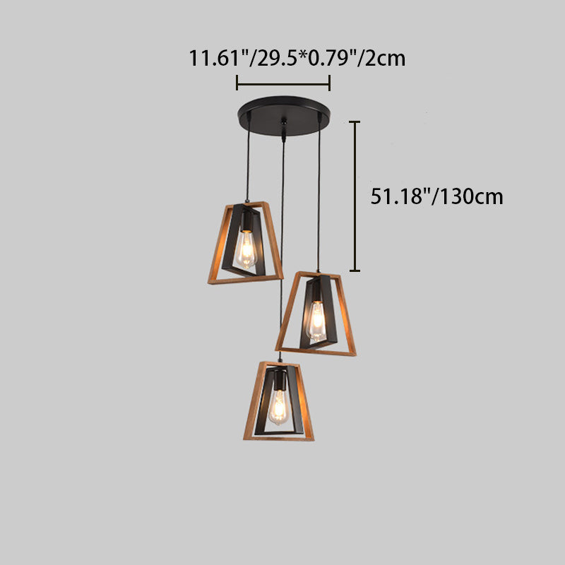 Contemporary Industrial Trapezoid Solid Wood Iron 1/3 Light Chandelier For Living Room