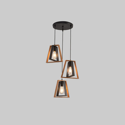 Contemporary Industrial Trapezoid Solid Wood Iron 1/3 Light Chandelier For Living Room