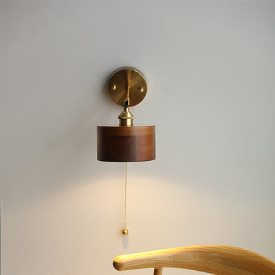 Traditional Japanese Cylinder Copper Walnut 1-Light Wall Sconce Lamp For Bedroom