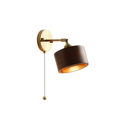 Traditional Japanese Cylinder Copper Walnut 1-Light Wall Sconce Lamp For Bedroom