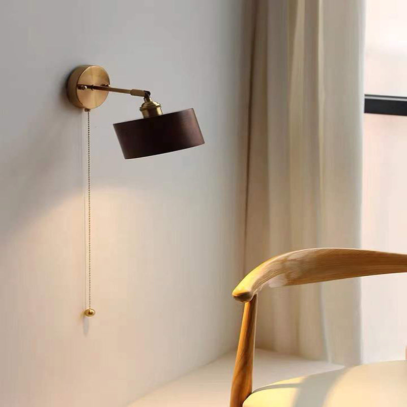 Traditional Japanese Cylinder Copper Walnut 1-Light Wall Sconce Lamp For Bedroom