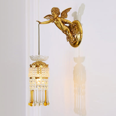 Traditional French Angel Flower Copper Glass 1-Light Wall Sconce Lamp For Hallway