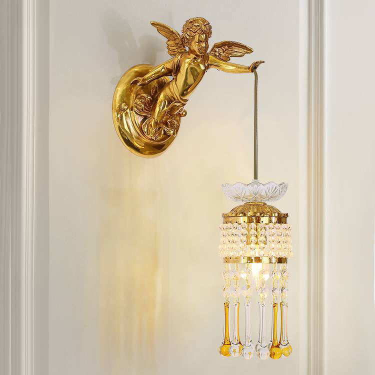 Traditional French Angel Flower Copper Glass 1-Light Wall Sconce Lamp For Hallway