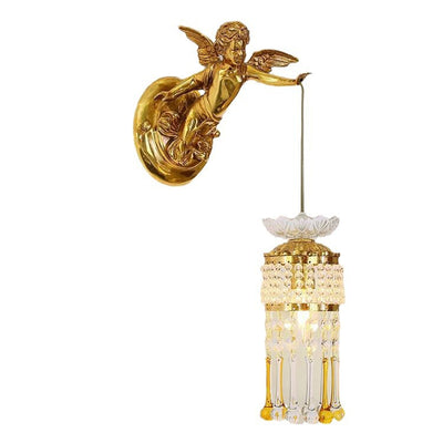 Traditional French Angel Flower Copper Glass 1-Light Wall Sconce Lamp For Hallway