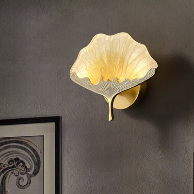 Traditional Chinese Ginkgo Biloba Copper Glass Enamel LED Wall Sconce Lamp For Living Room