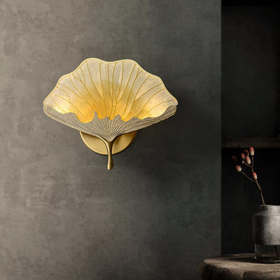 Traditional Chinese Ginkgo Biloba Copper Glass Enamel LED Wall Sconce Lamp For Living Room