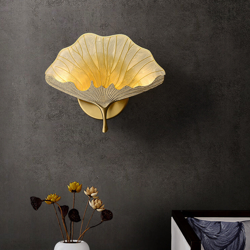 Traditional Chinese Ginkgo Biloba Copper Glass Enamel LED Wall Sconce Lamp For Living Room