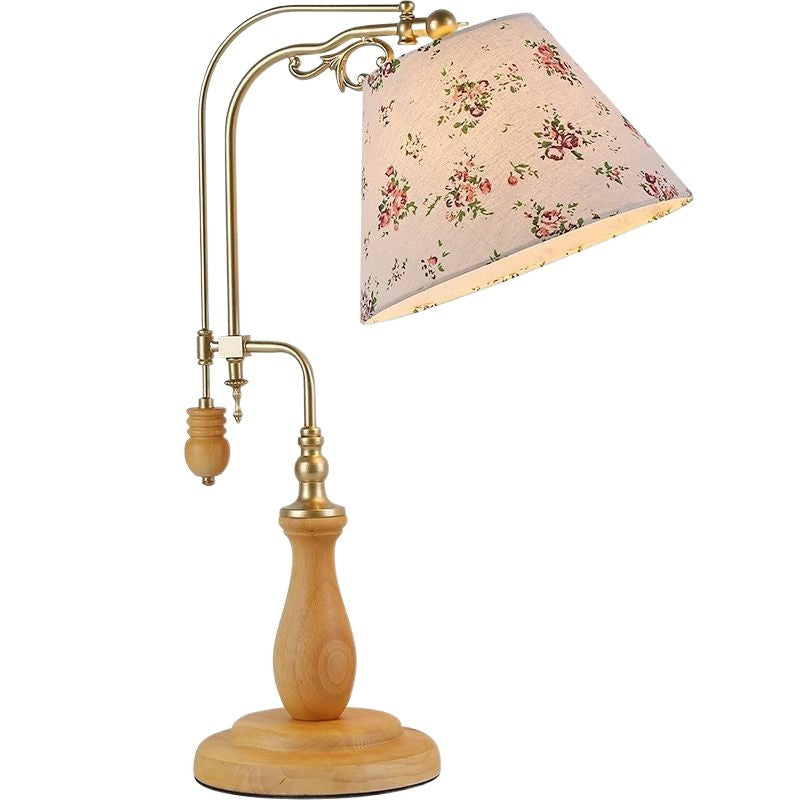 Traditional Rustic Frustum Cone Wood Metal Fabric 1-Light Table Lamp For Bedroom